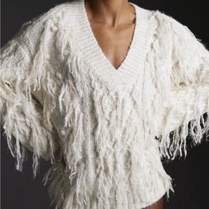 Anthropologie Cream Fringe V-Neck Sweater